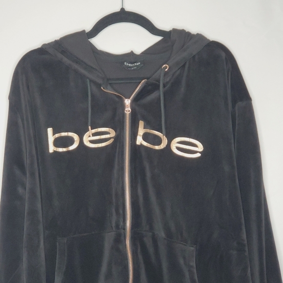 Bebe Velour Hoodie Size 3X Metallic Spell Out Zip Front Soft Black Jacket Y2K - Picture 2 of 11